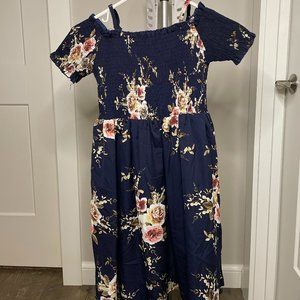 Girls Navy Blue Floral Dress. Short sleeve. Flower girl/summer dress